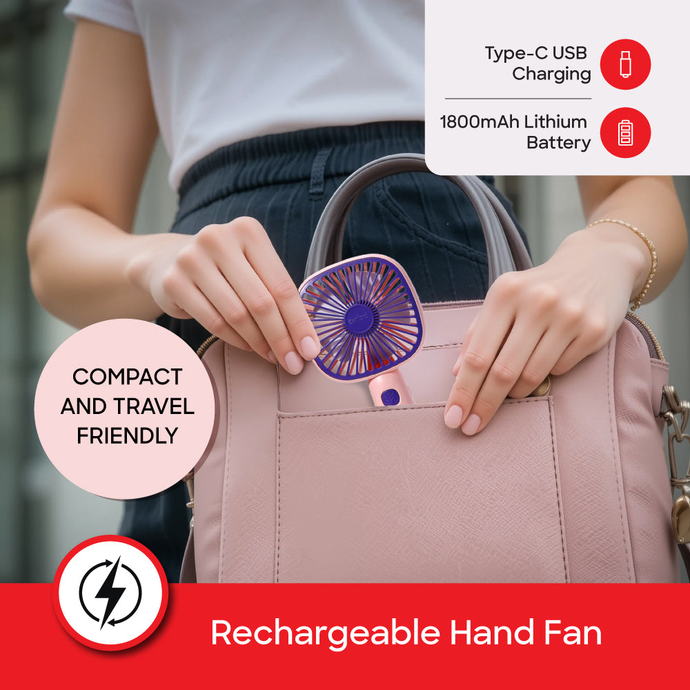 Sanford Rechargeable Hand Fan Combo | With Mobile Holder & Compact High-Speed Fan | USB-C Charging | 3-Speed | Portable Design - buysanford